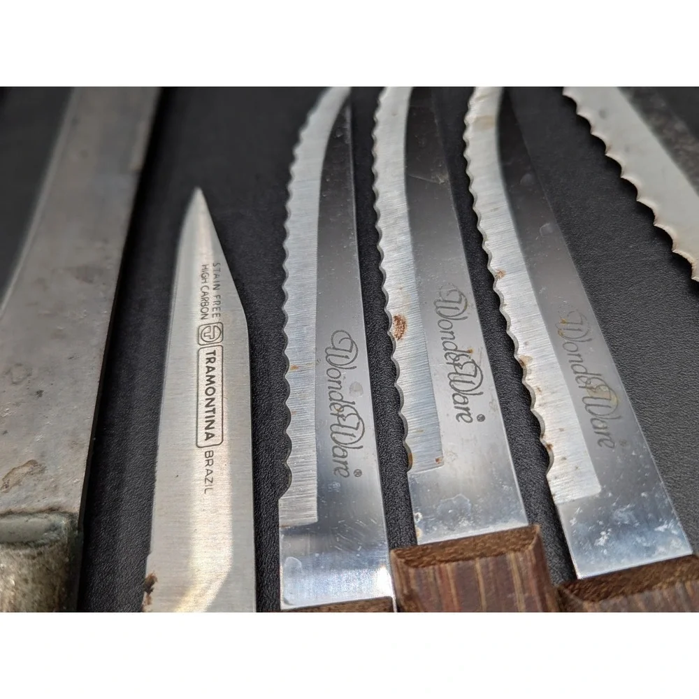 Mix Lot of 12 VTG Knife Knives Wood Handle Brass Rivets USA Chef Butcher Bread